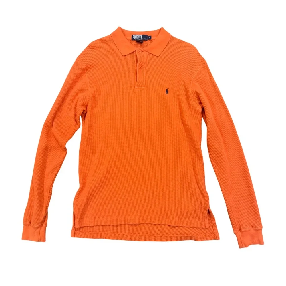 Vintage 90s Polo Ralph Lauren Orange Waffle Knit Thermal Polo Shirt Men's M